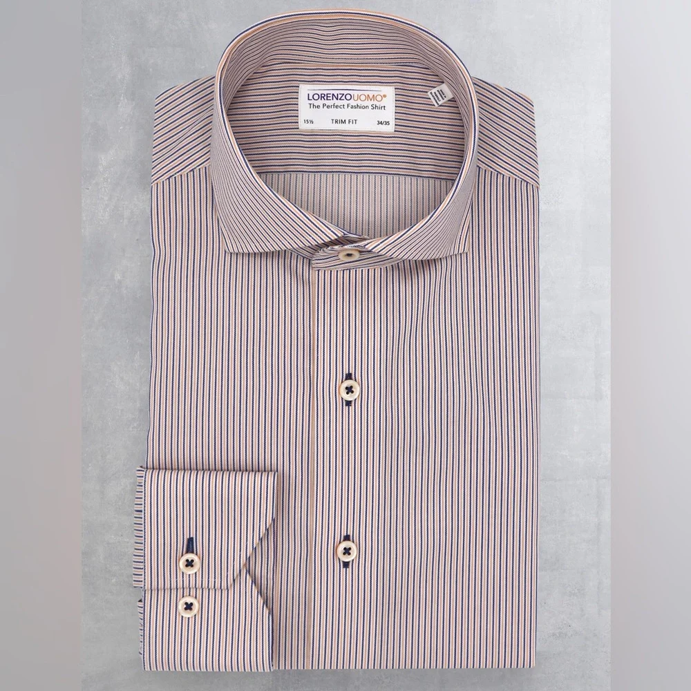 Lorenzo Uomo, Men’s Alexander in Navy and orange thin strips shirt, 34/35